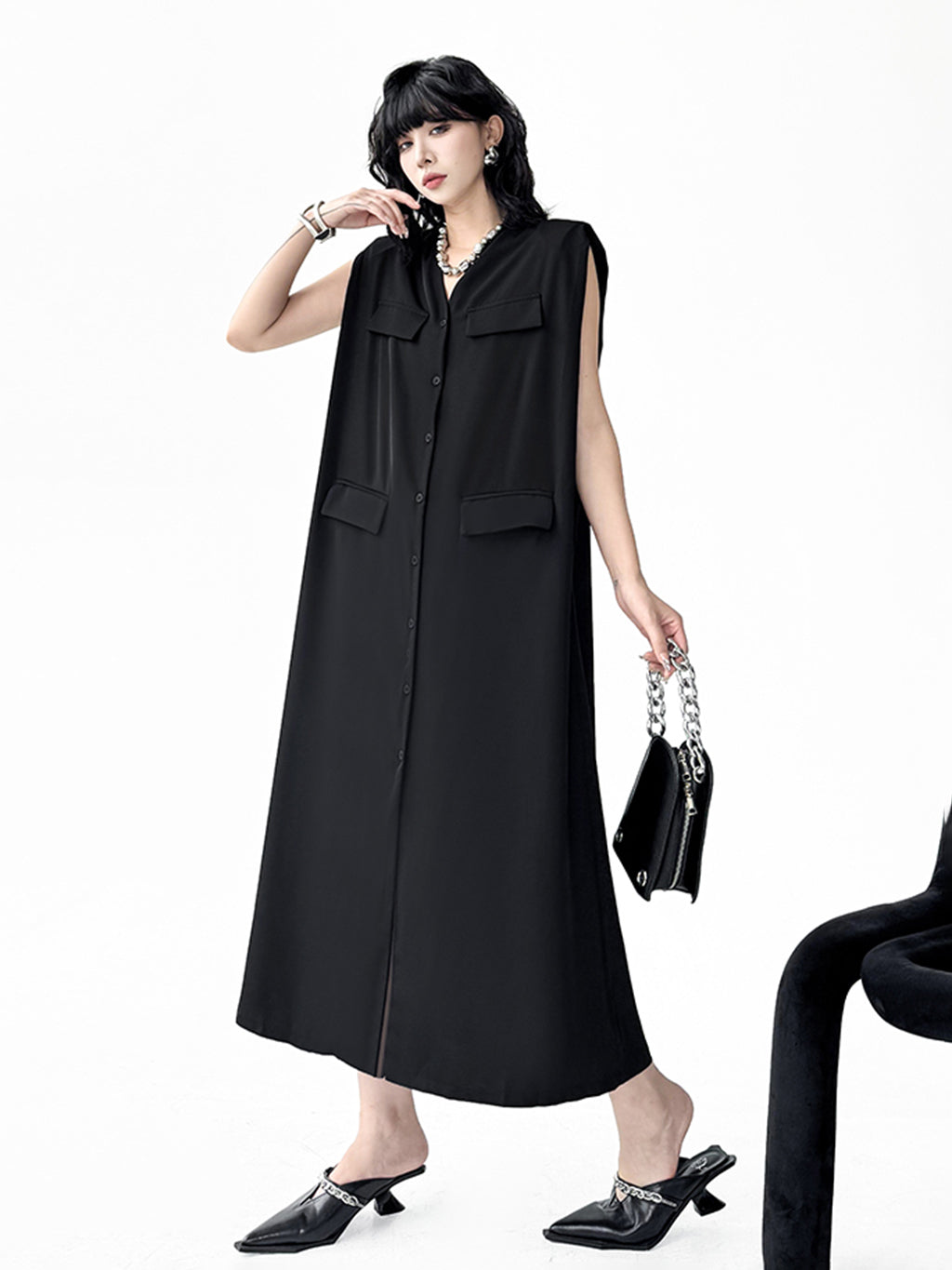 Pocket Detail Long Gilet Dress 