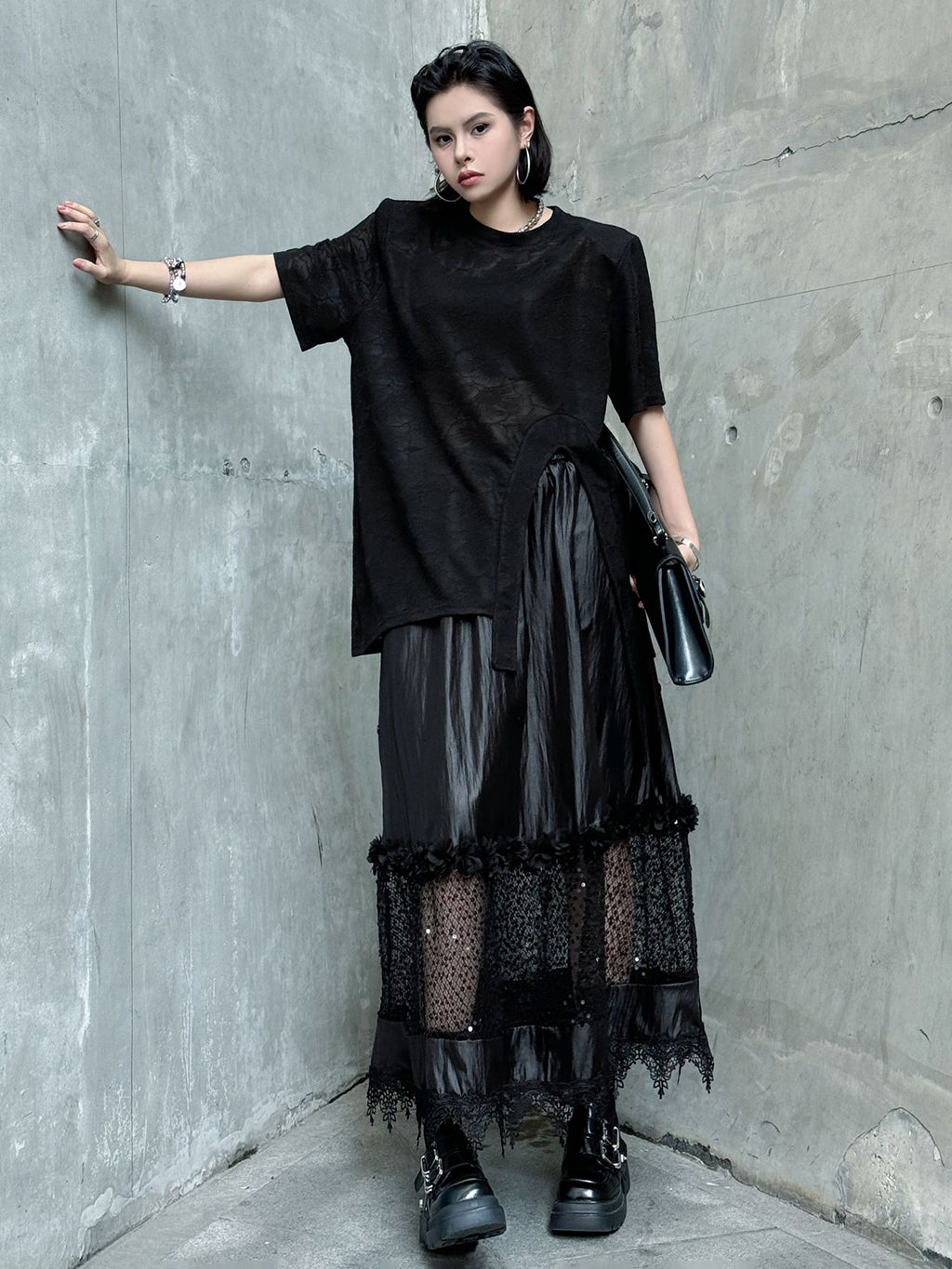Floral lace side drape top 