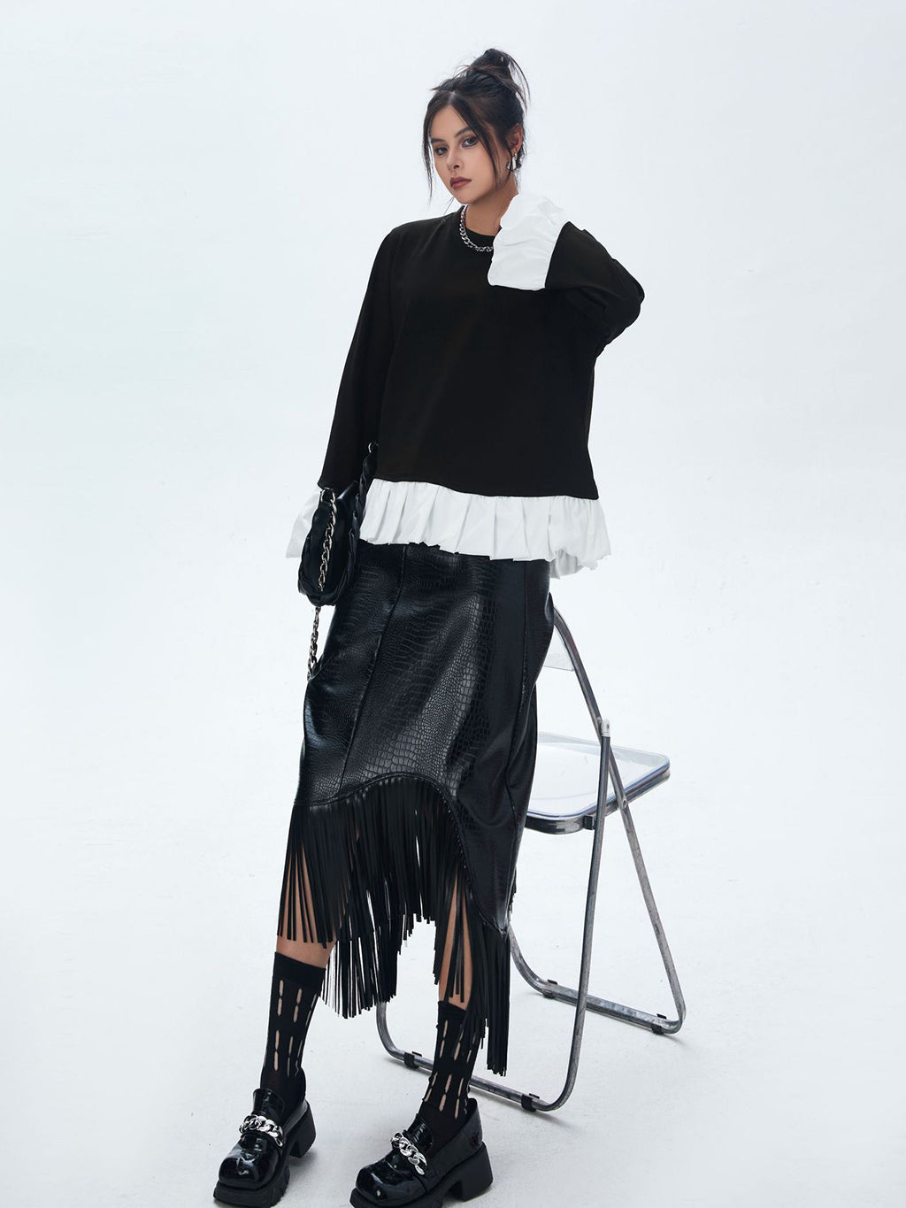 Frilled hem and cuff two-tone top 