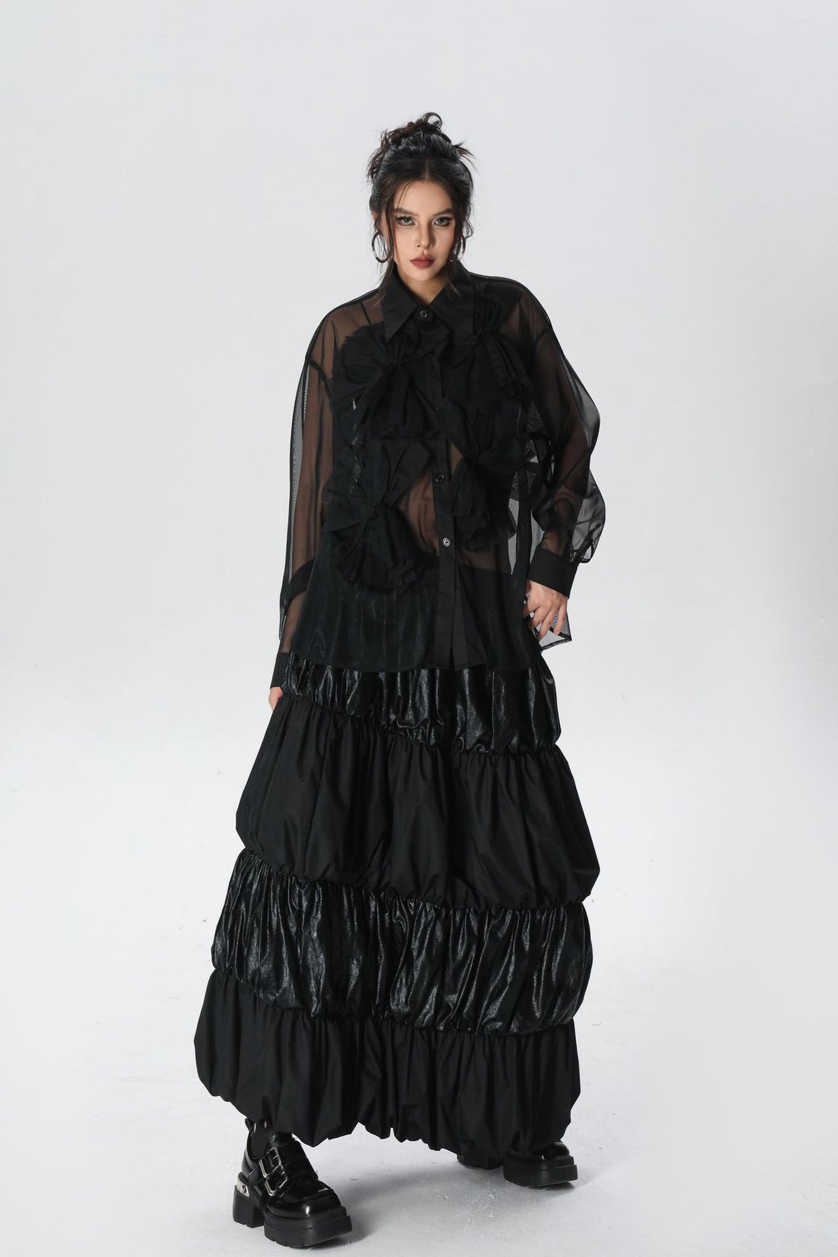 Scarf tie blouse and denim pants series 