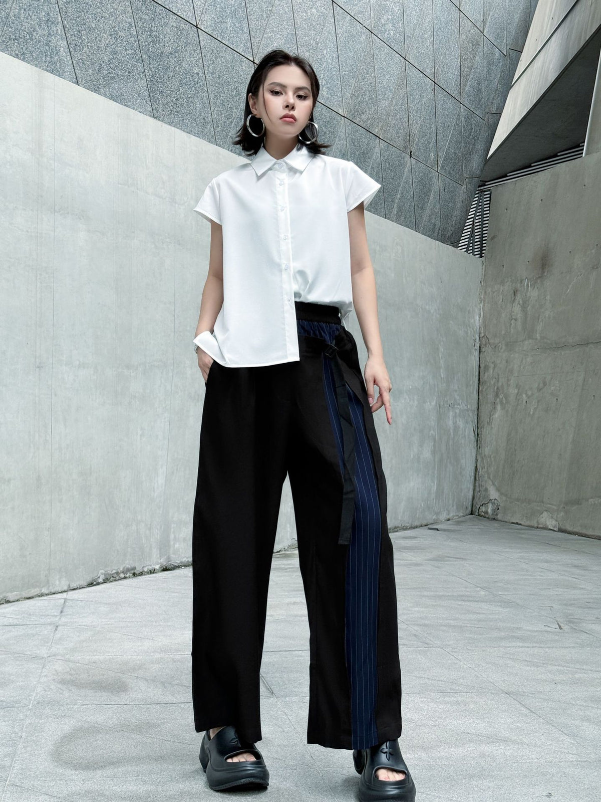 Scarf tie blouse and denim pants series 
