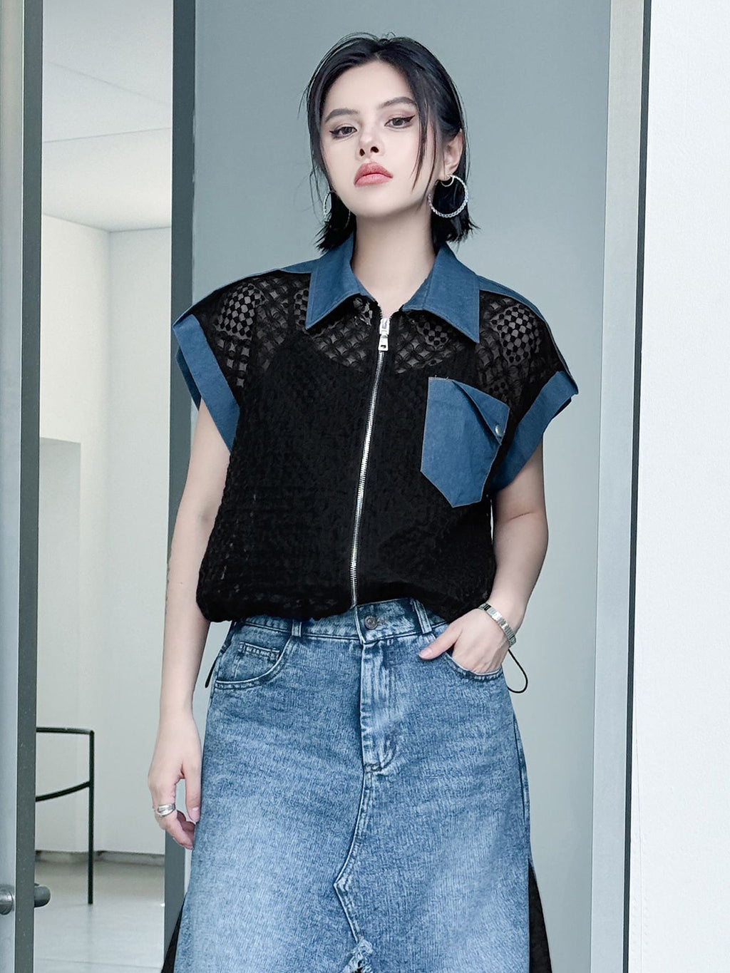 Scarf tie blouse and denim pants series 
