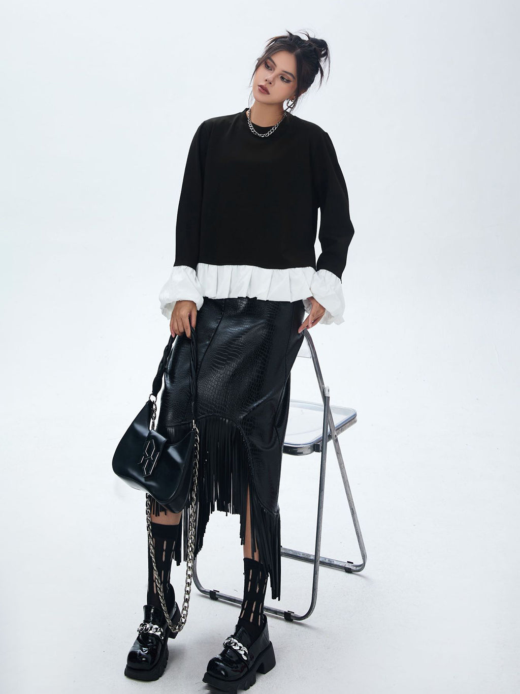 Frilled hem and cuff two-tone top 