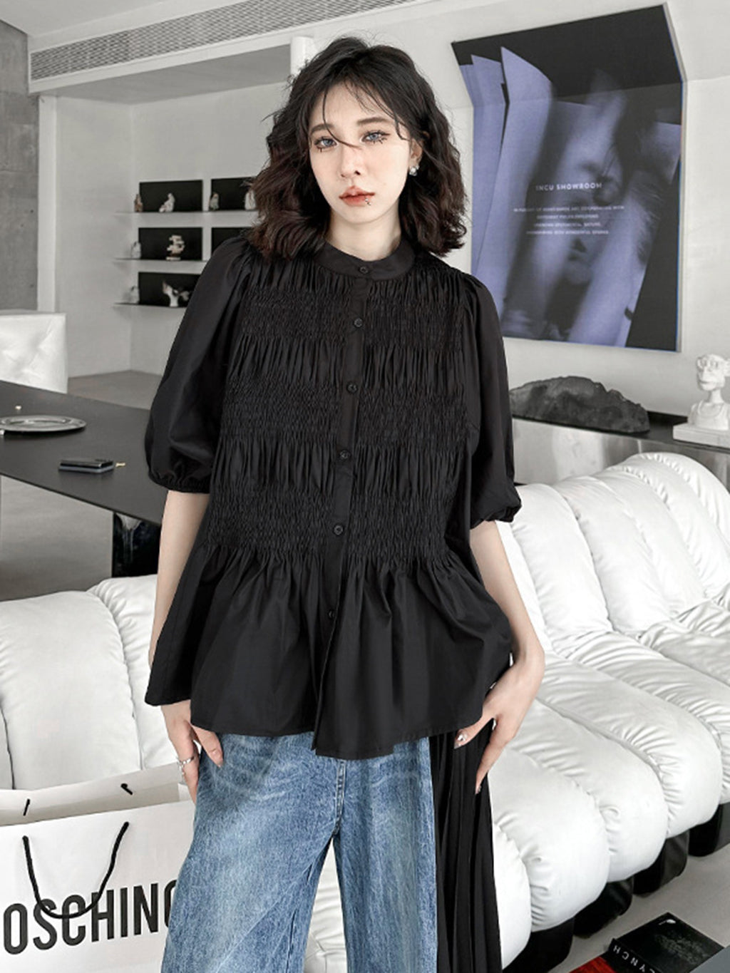Shirred volume sleeve blouse 