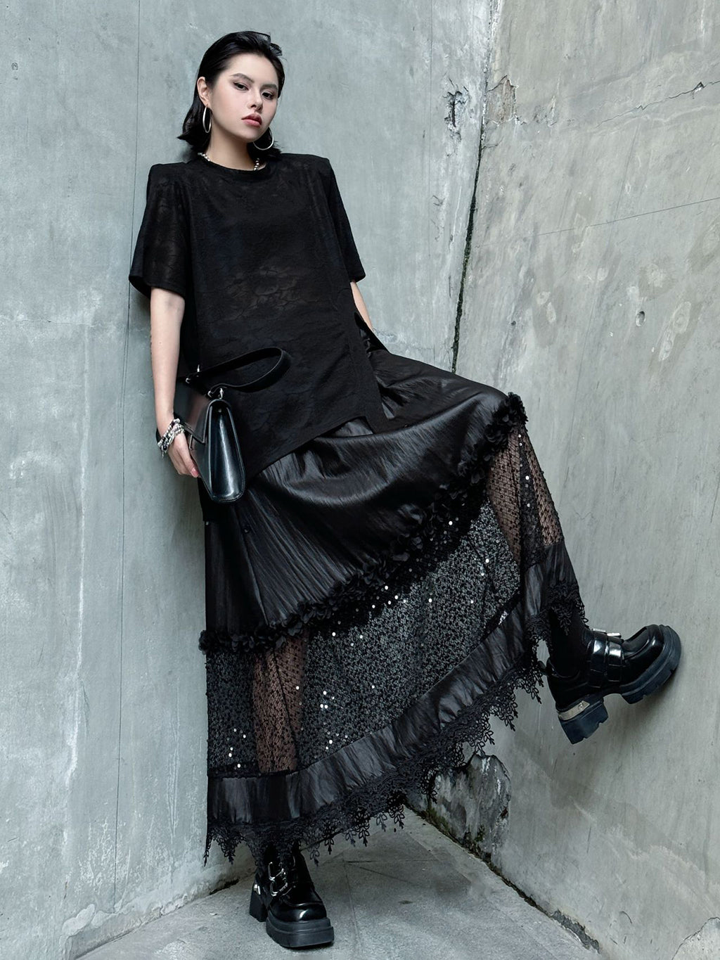Floral lace side drape top 
