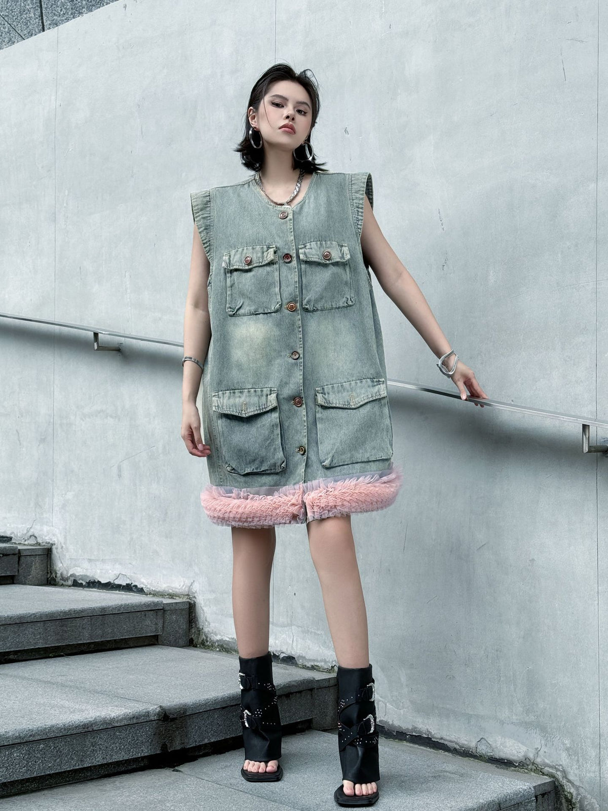 Scarf tie blouse and denim pants series 