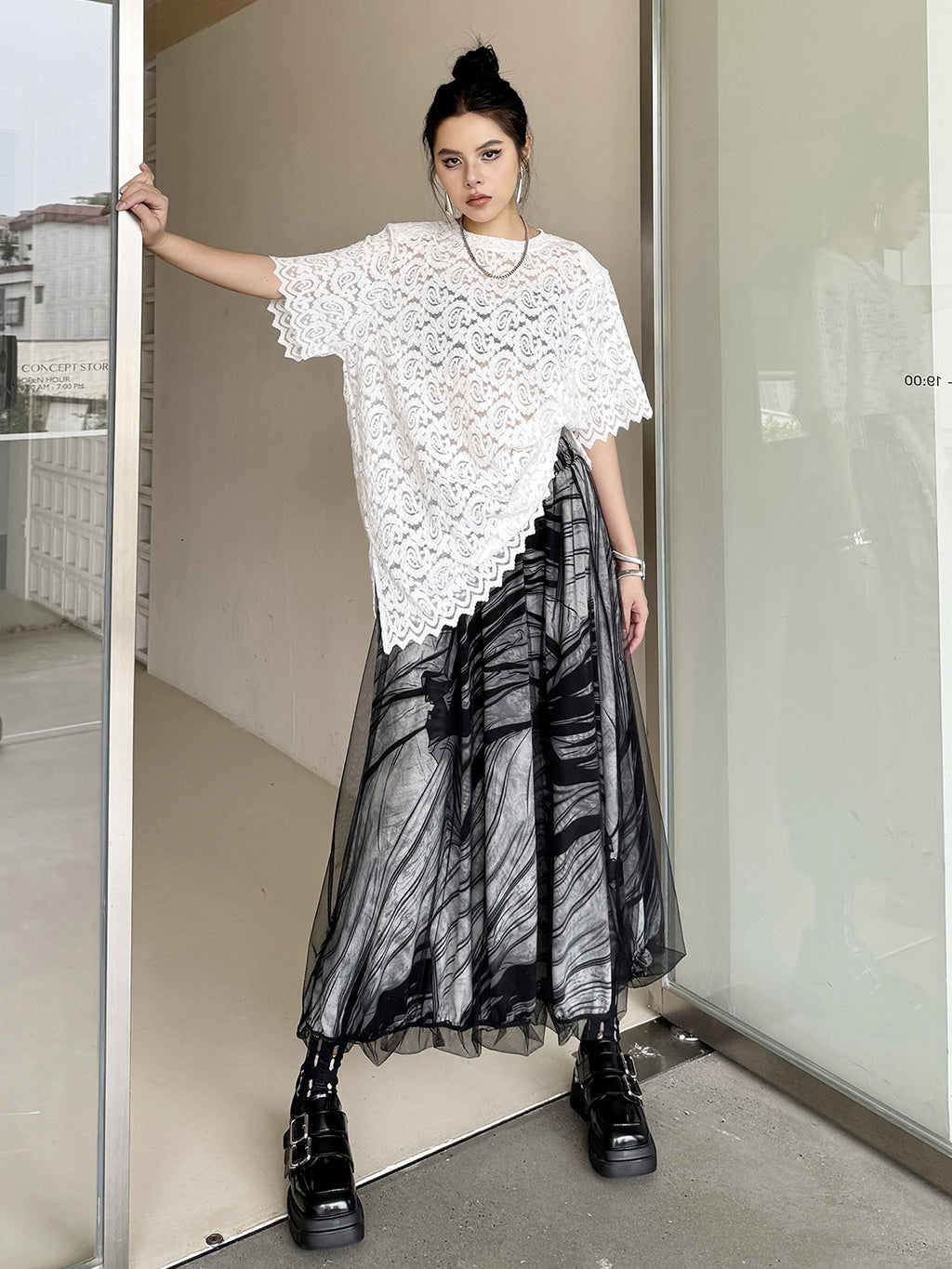 Scarf tie blouse and denim pants series 