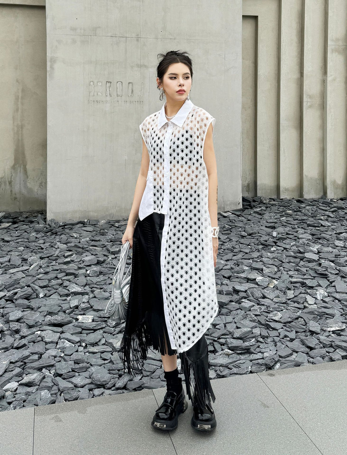 Hole Mesh Long Blouse 