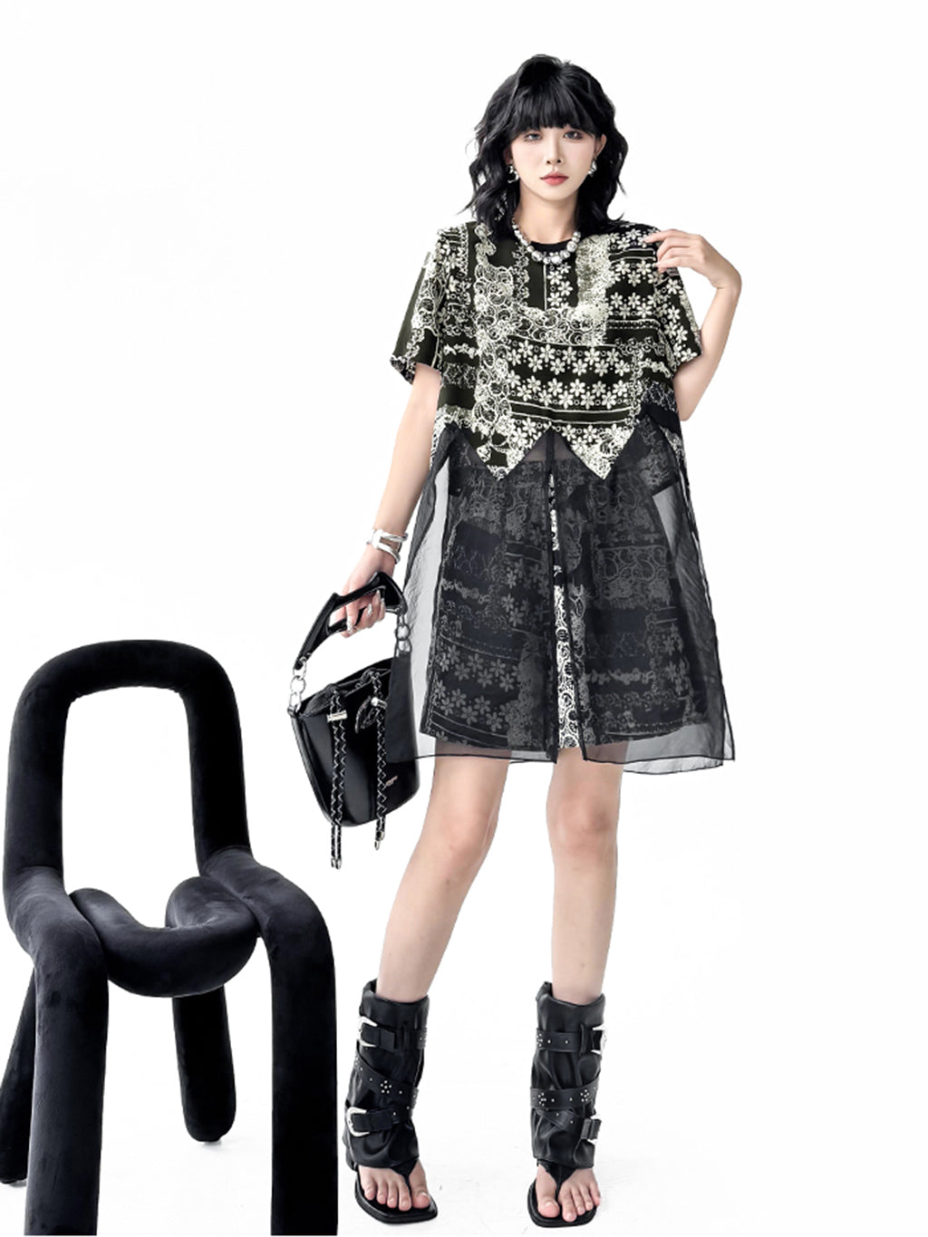 Black lace sheer top and shorts 