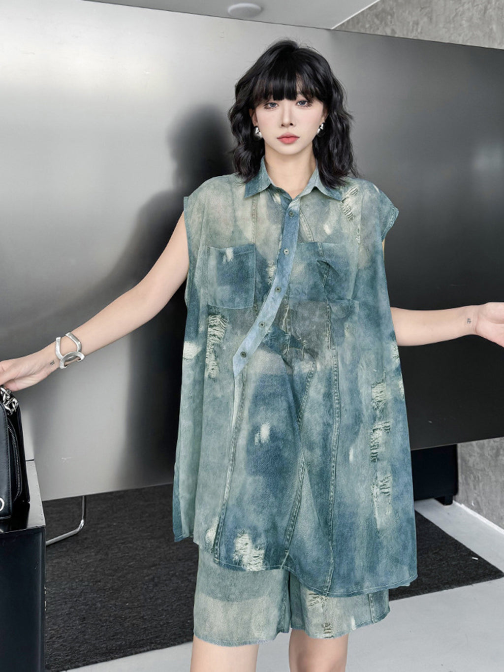Sheer denim print blouse and shorts 