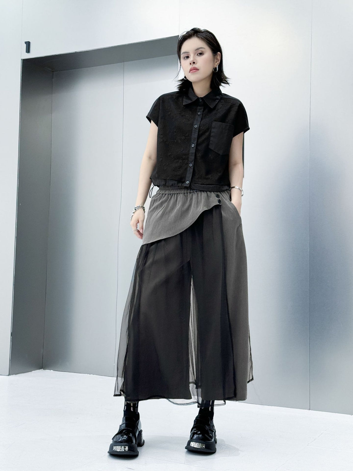 Tulle layered wide pants 