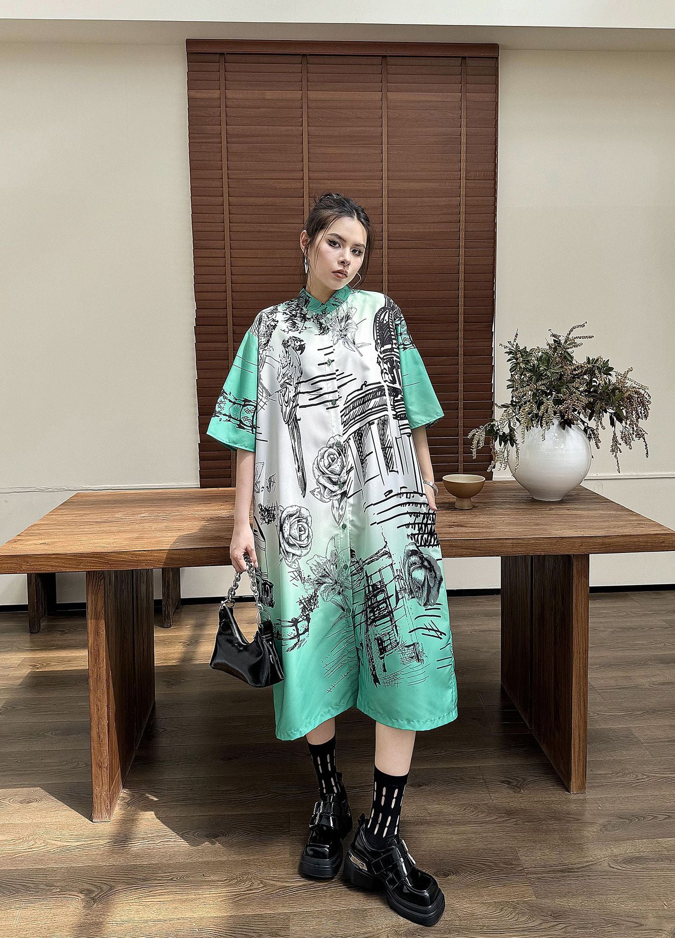 Scarf tie blouse and denim pants series 