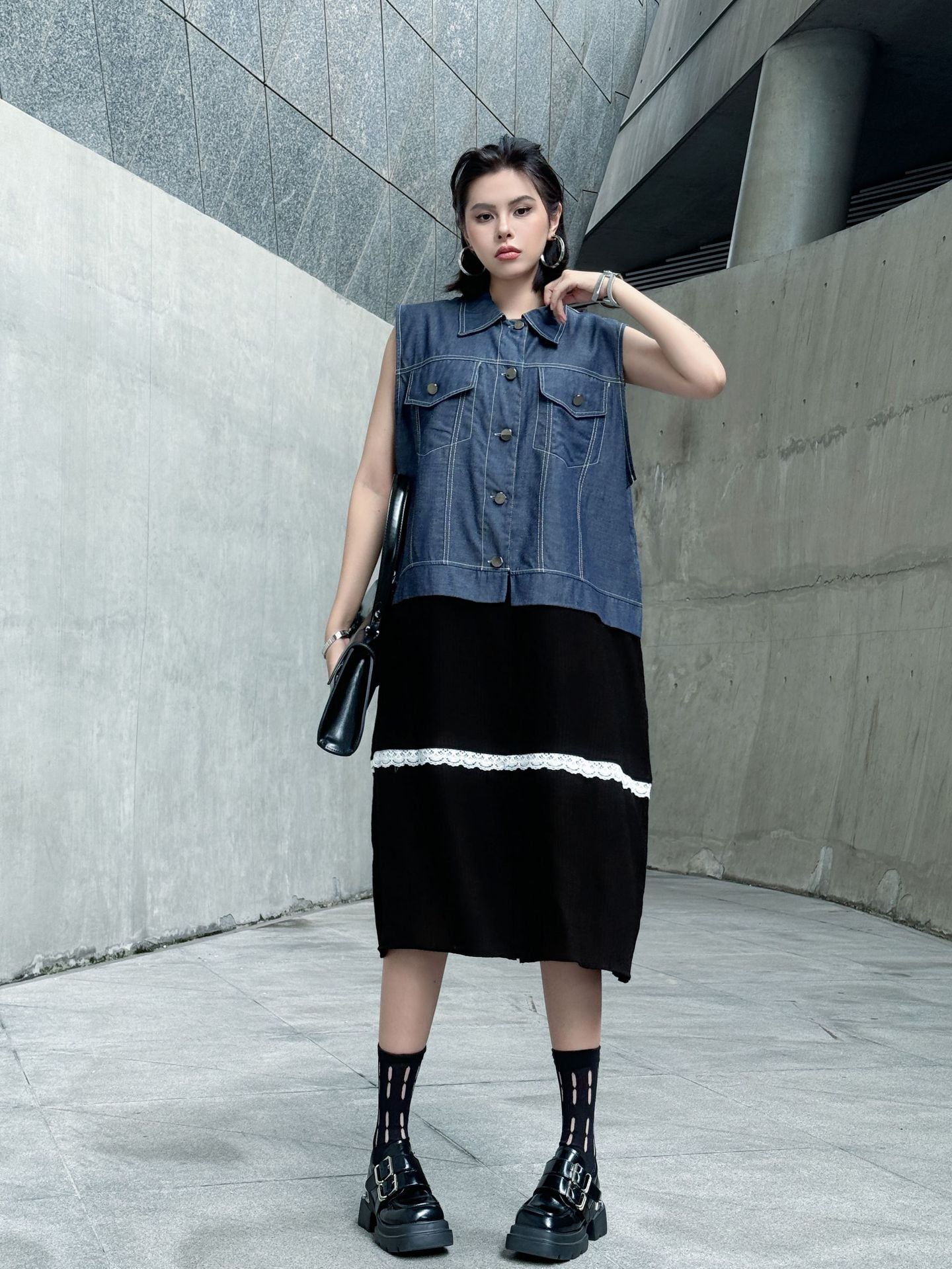 Scarf tie blouse and denim pants series 