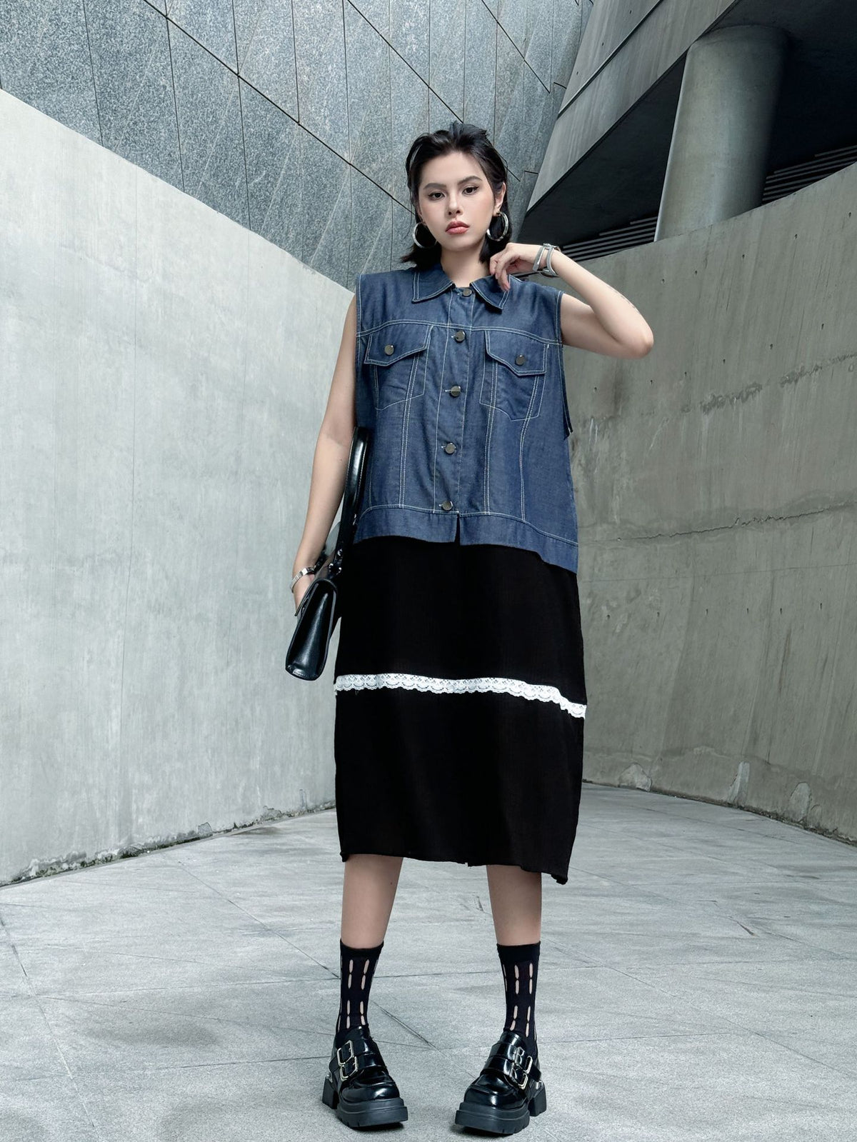 Scarf tie blouse and denim pants series 