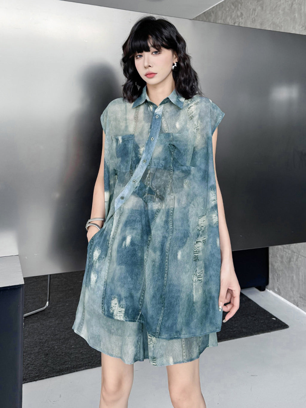 Sheer denim print blouse and shorts 
