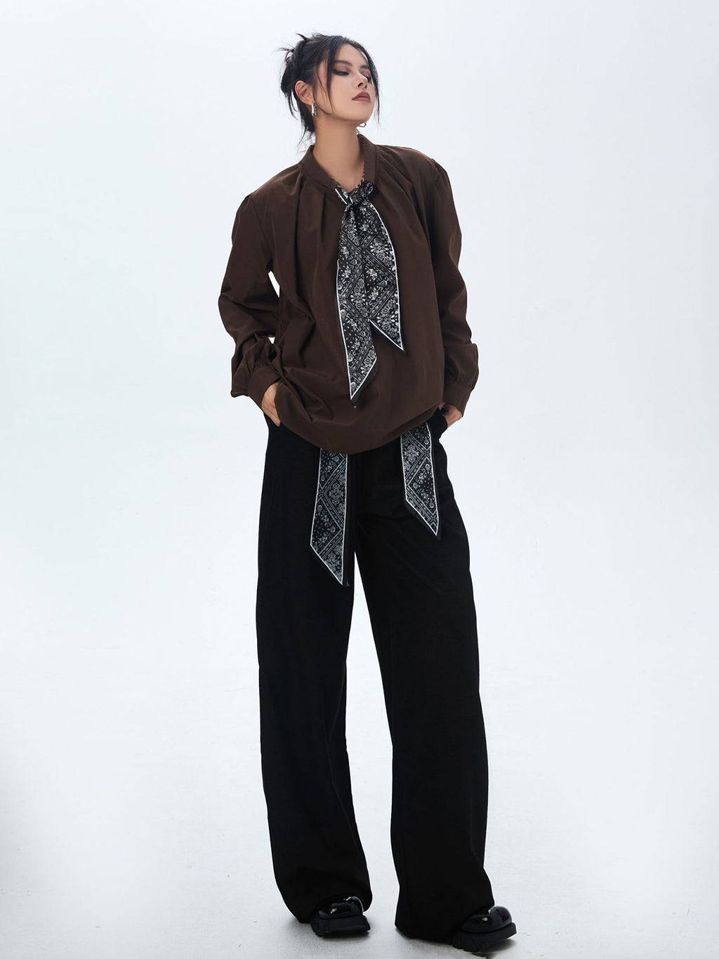 Scarf tie blouse and denim pants series 