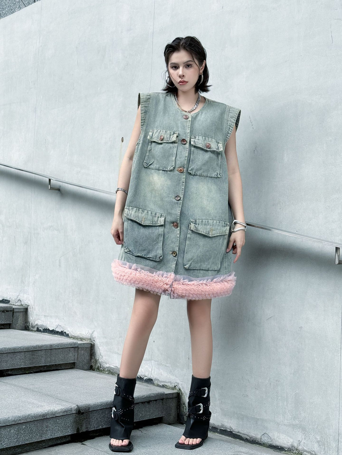 Scarf tie blouse and denim pants series 
