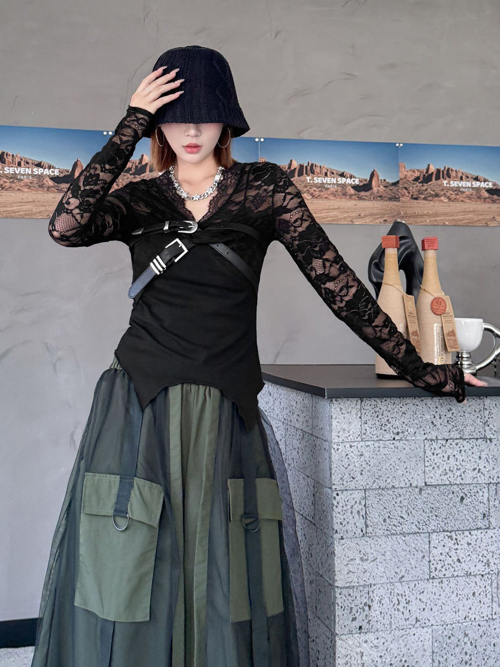 Belt Drape Lace Top 