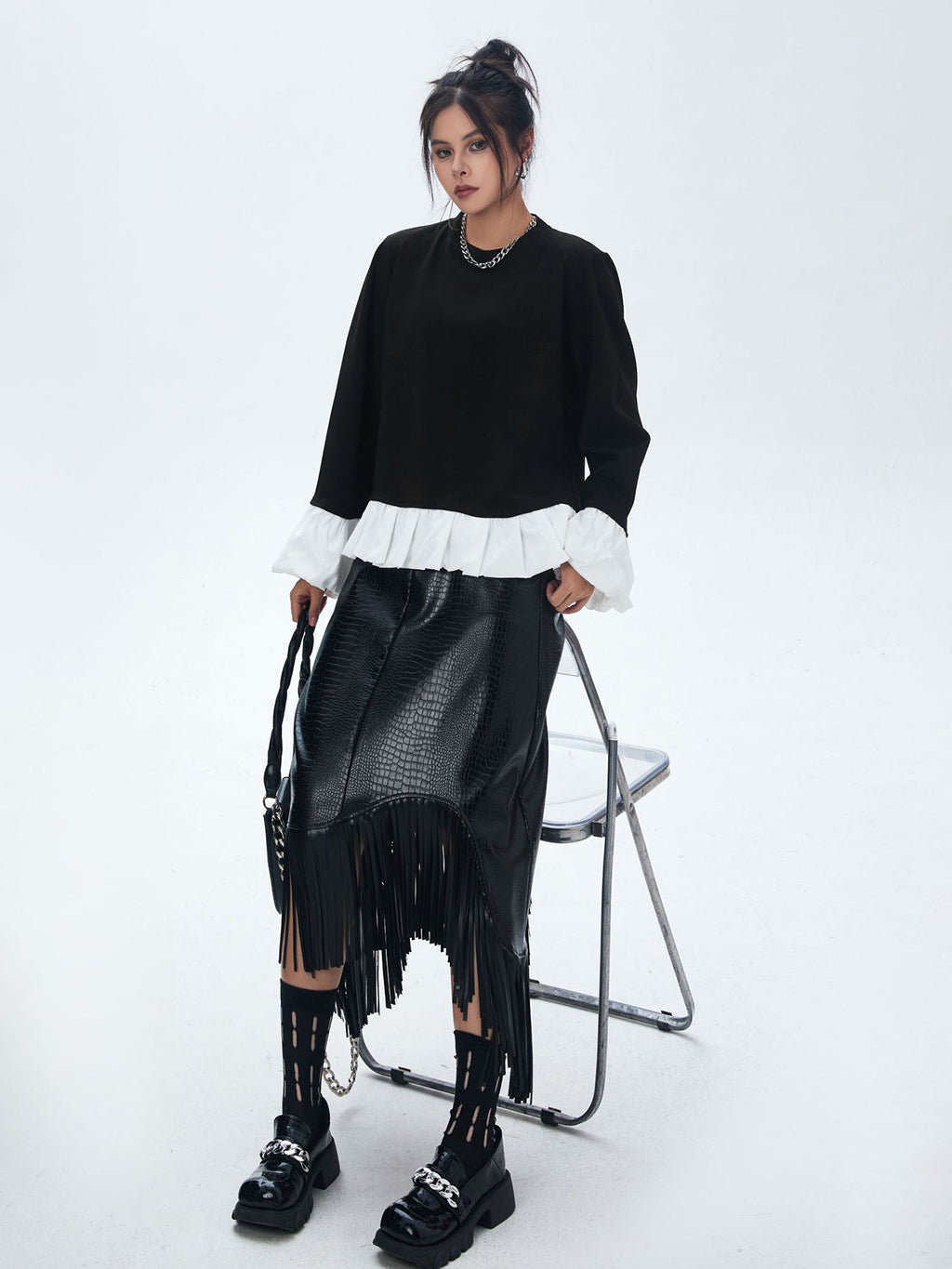 Frilled hem and cuff two-tone top 