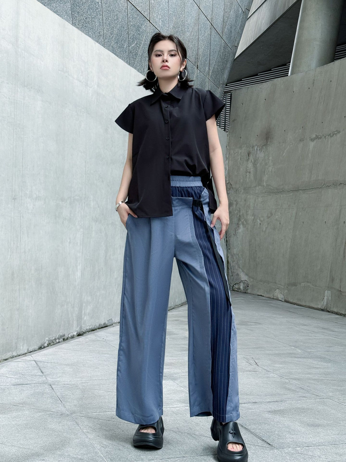 Scarf tie blouse and denim pants series 