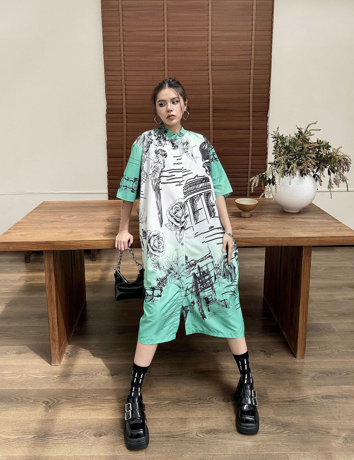 Scarf tie blouse and denim pants series 