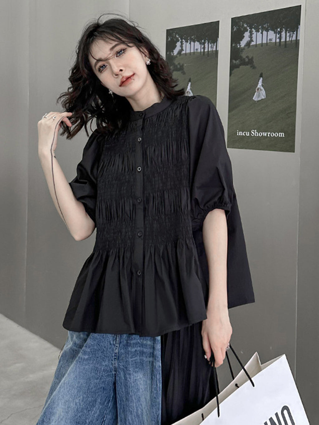 Shirred volume sleeve blouse 