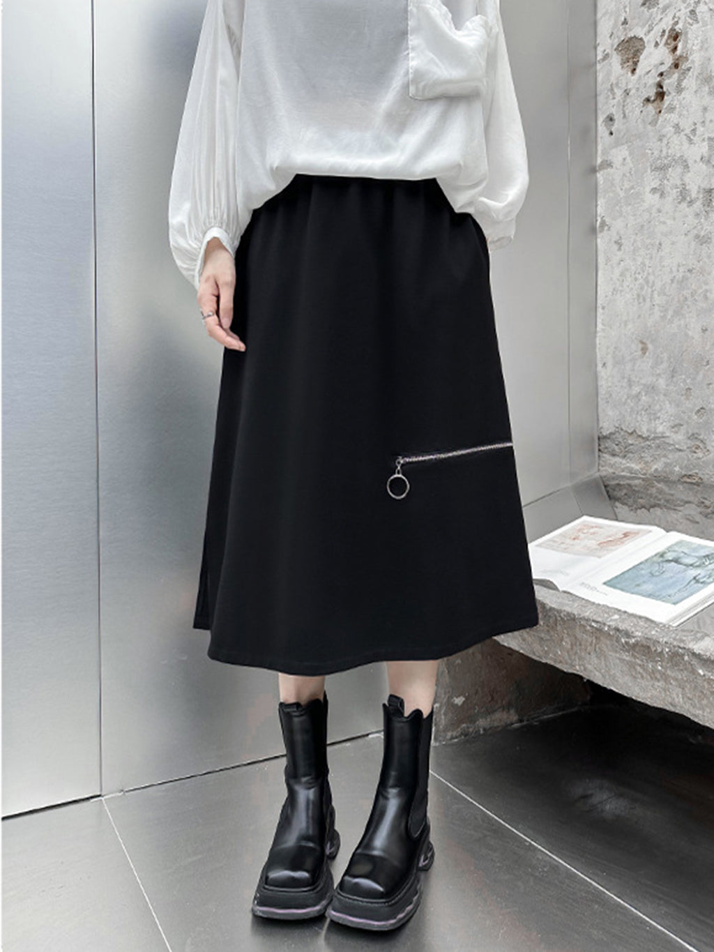 Zip accent midi skirt