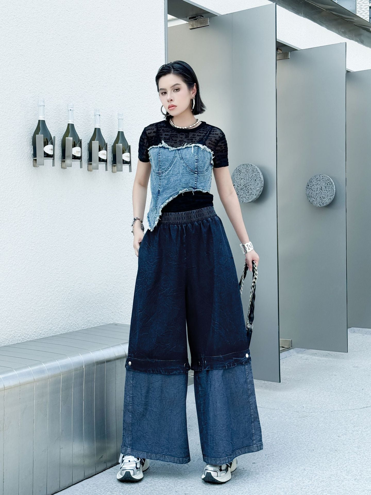 Scarf tie blouse and denim pants series 
