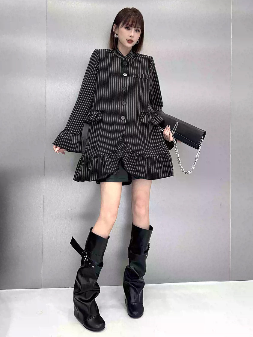 ピンストライプラッフルロングジャケット 着用