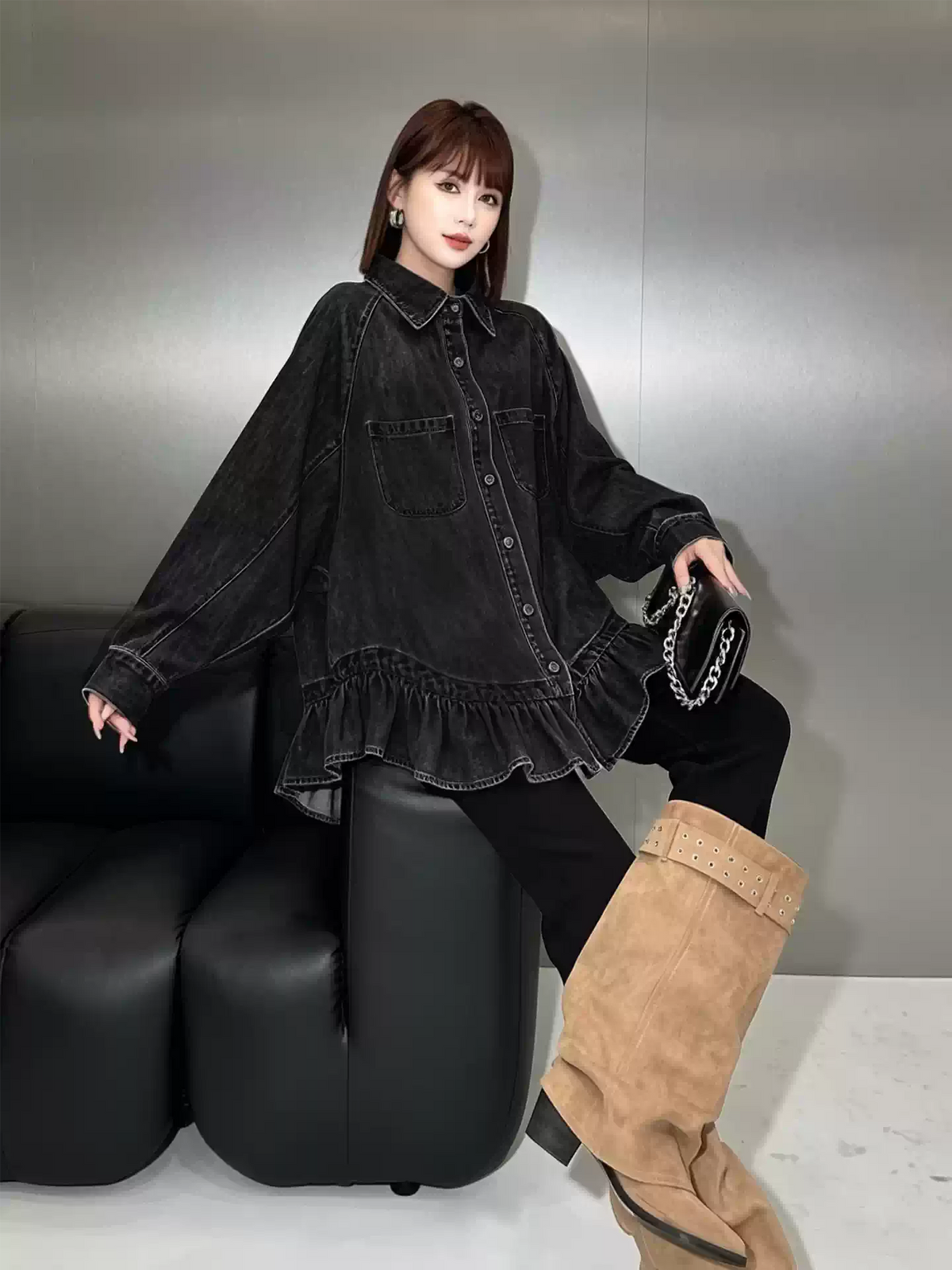 HTA-1156 フリルヘムウォッシュデニムシャツ 着用写真2