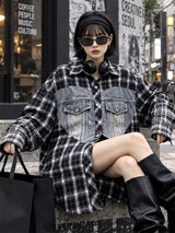 HTA-1157 デニムパネルダメージチェックシャツ ブラック 写真1