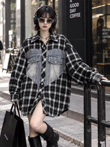 HTA-1157 デニムパネルダメージチェックシャツ ブラック 写真5