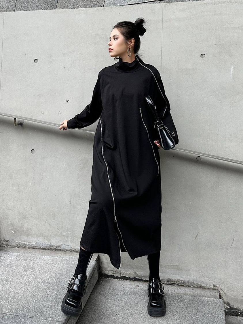 HTA-1158 ジップディテールハイネックロングワンピース 着用写真10