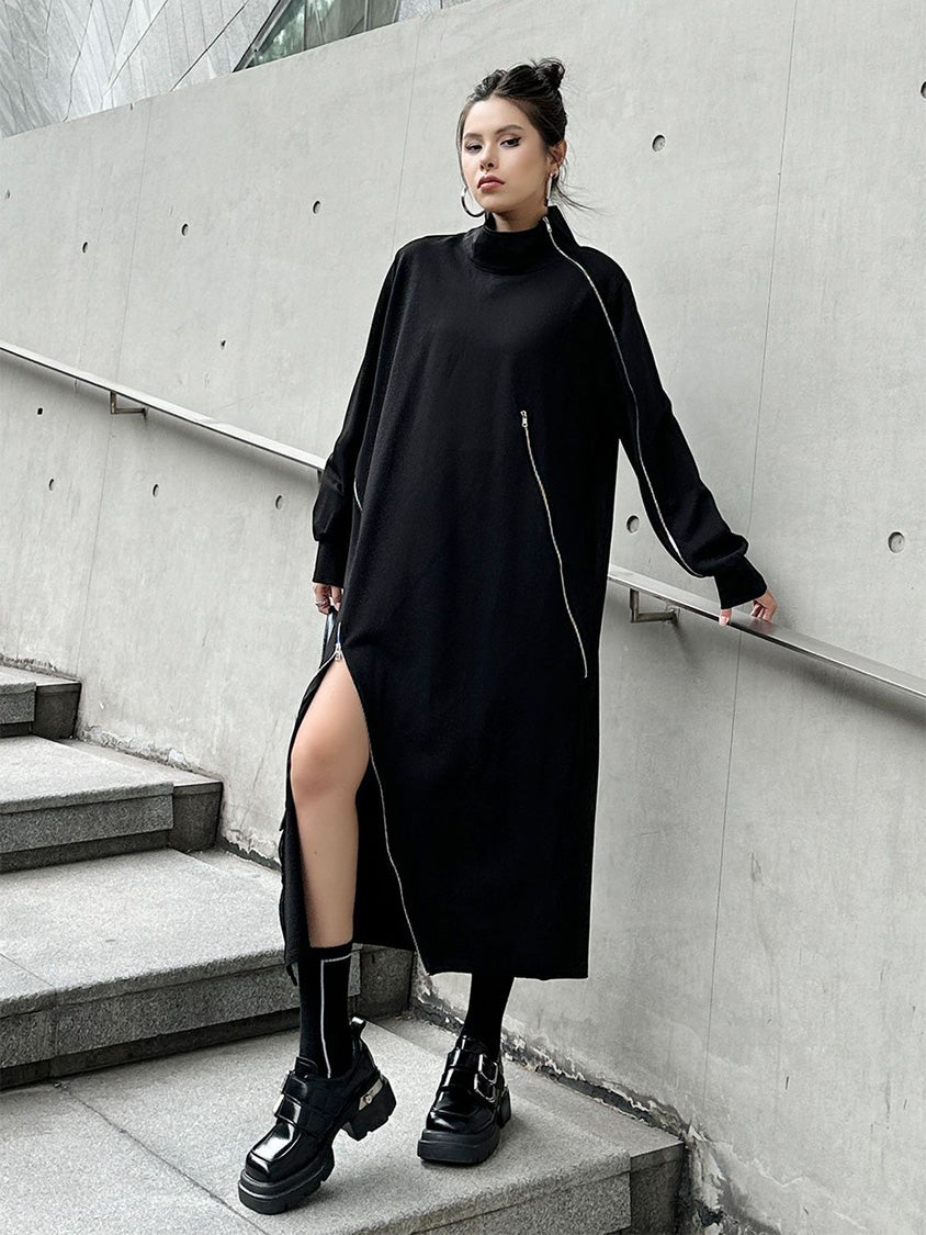 HTA-1158 ジップディテールハイネックロングワンピース 着用写真15