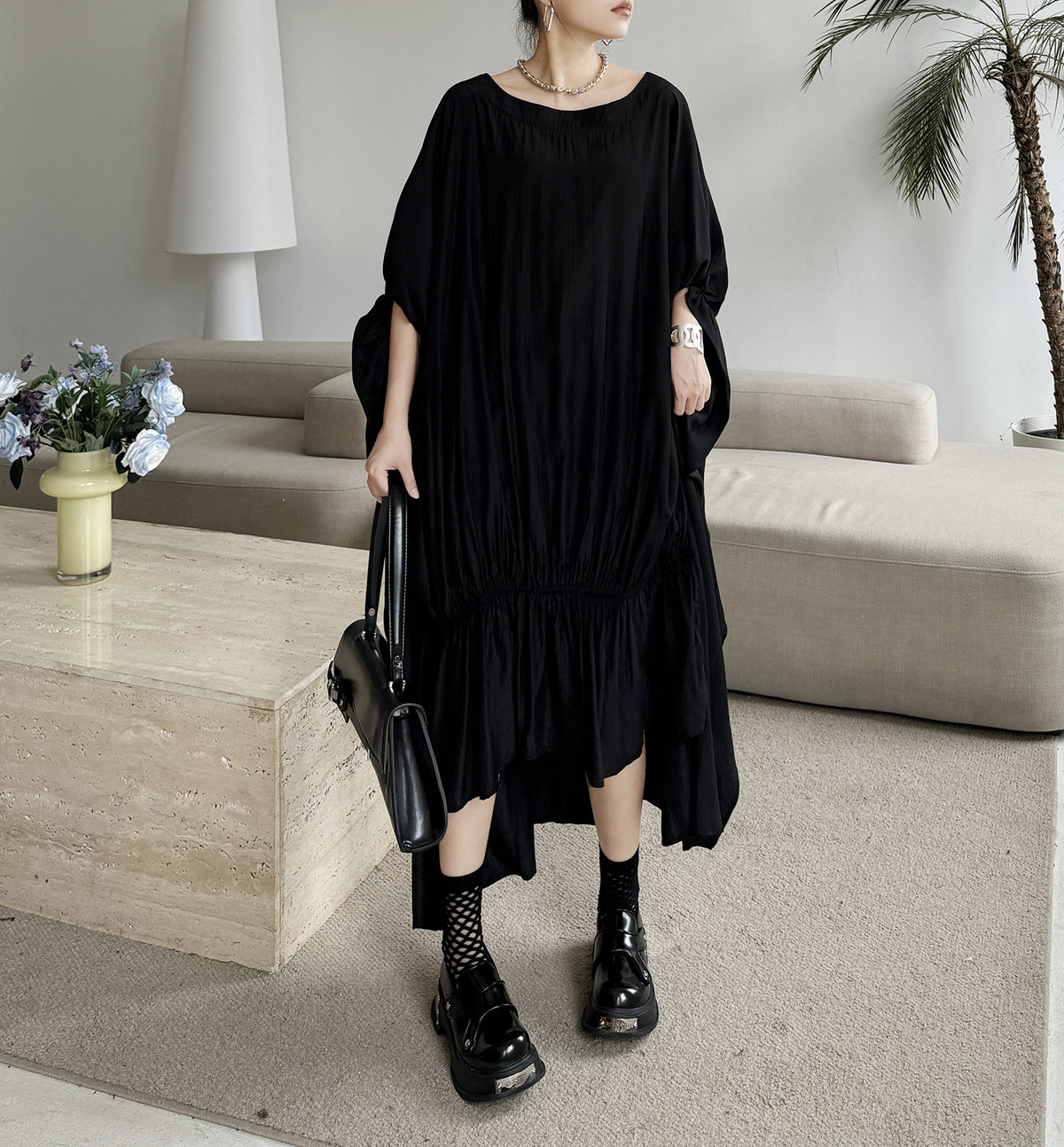 Gathered ruffle draped dress 