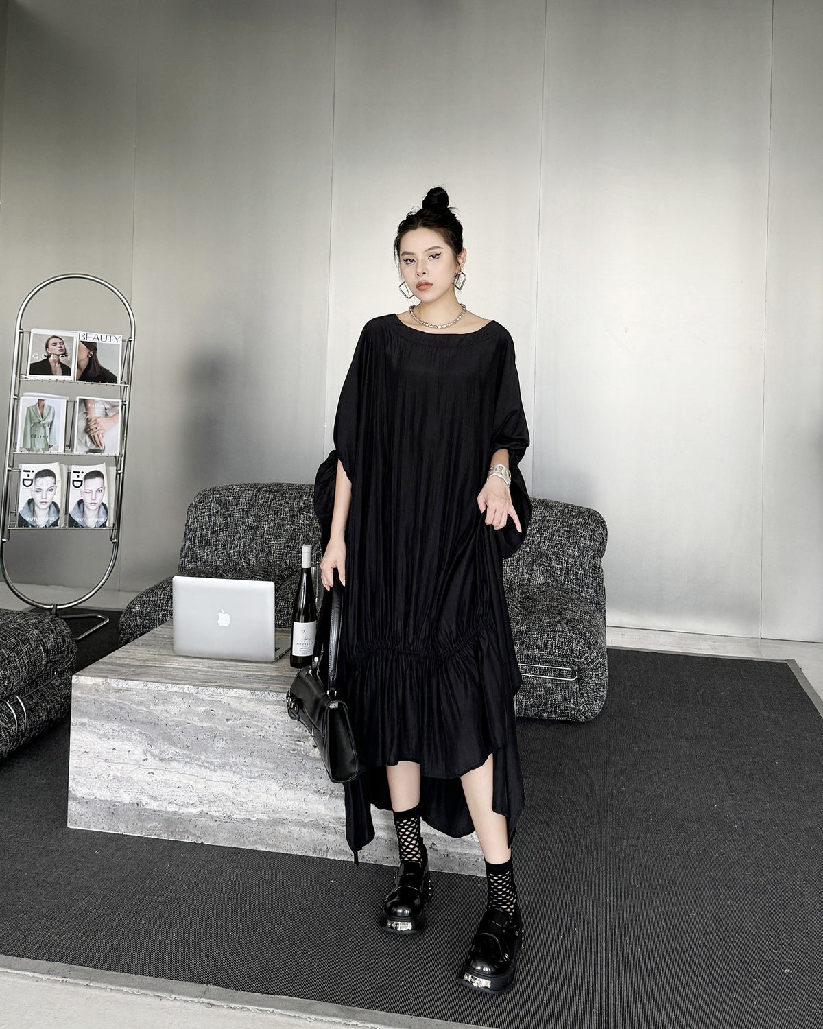 Gathered ruffle draped dress 