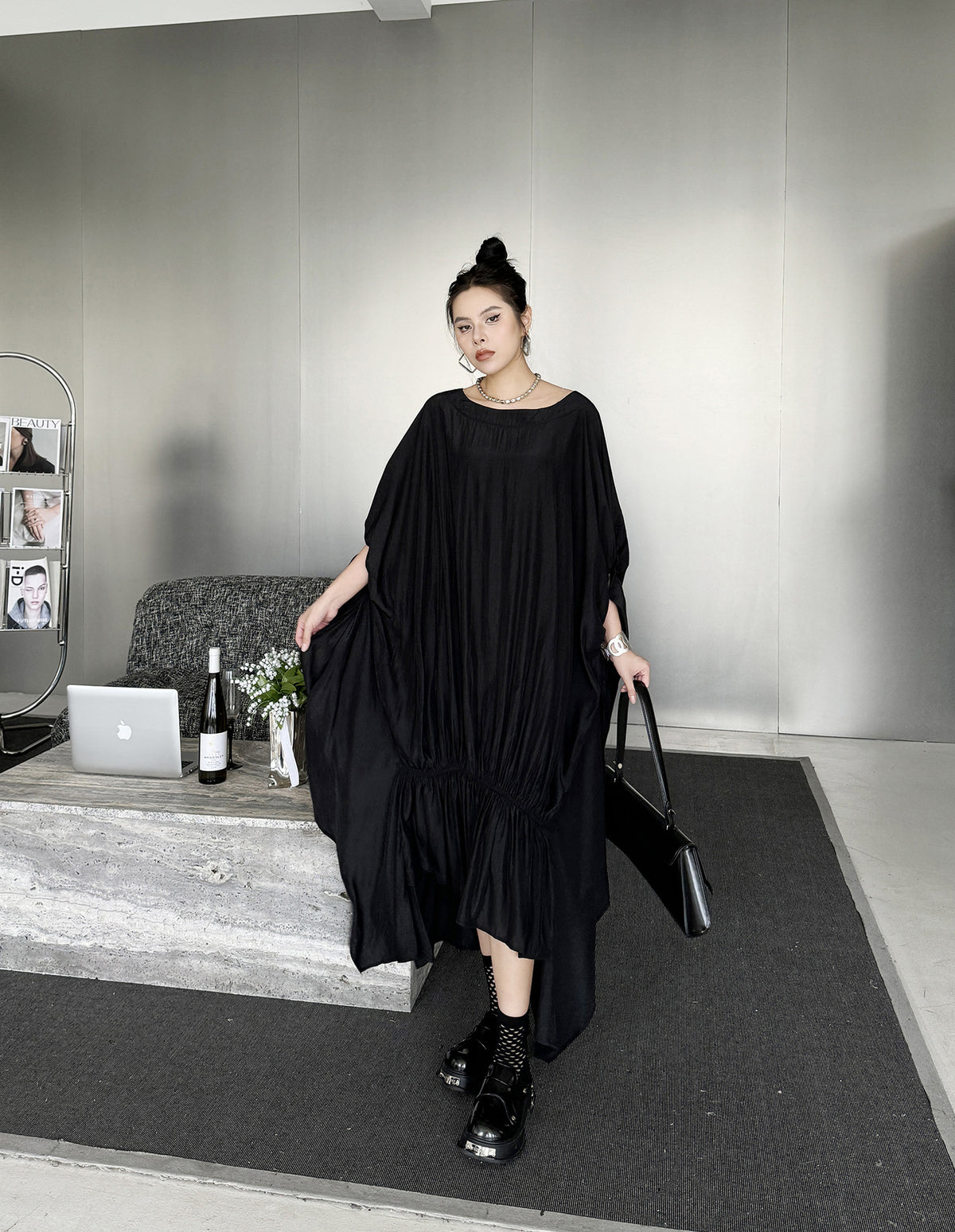 Gathered ruffle draped dress 