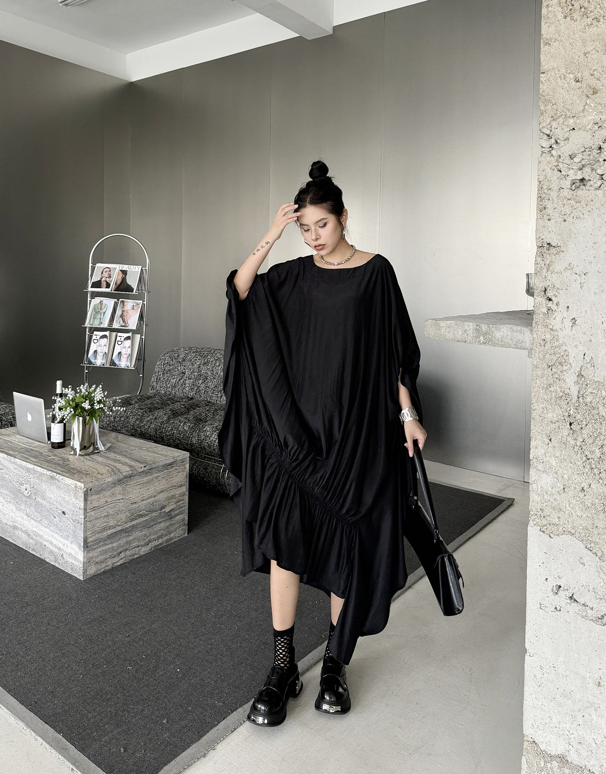 Gathered ruffle draped dress 
