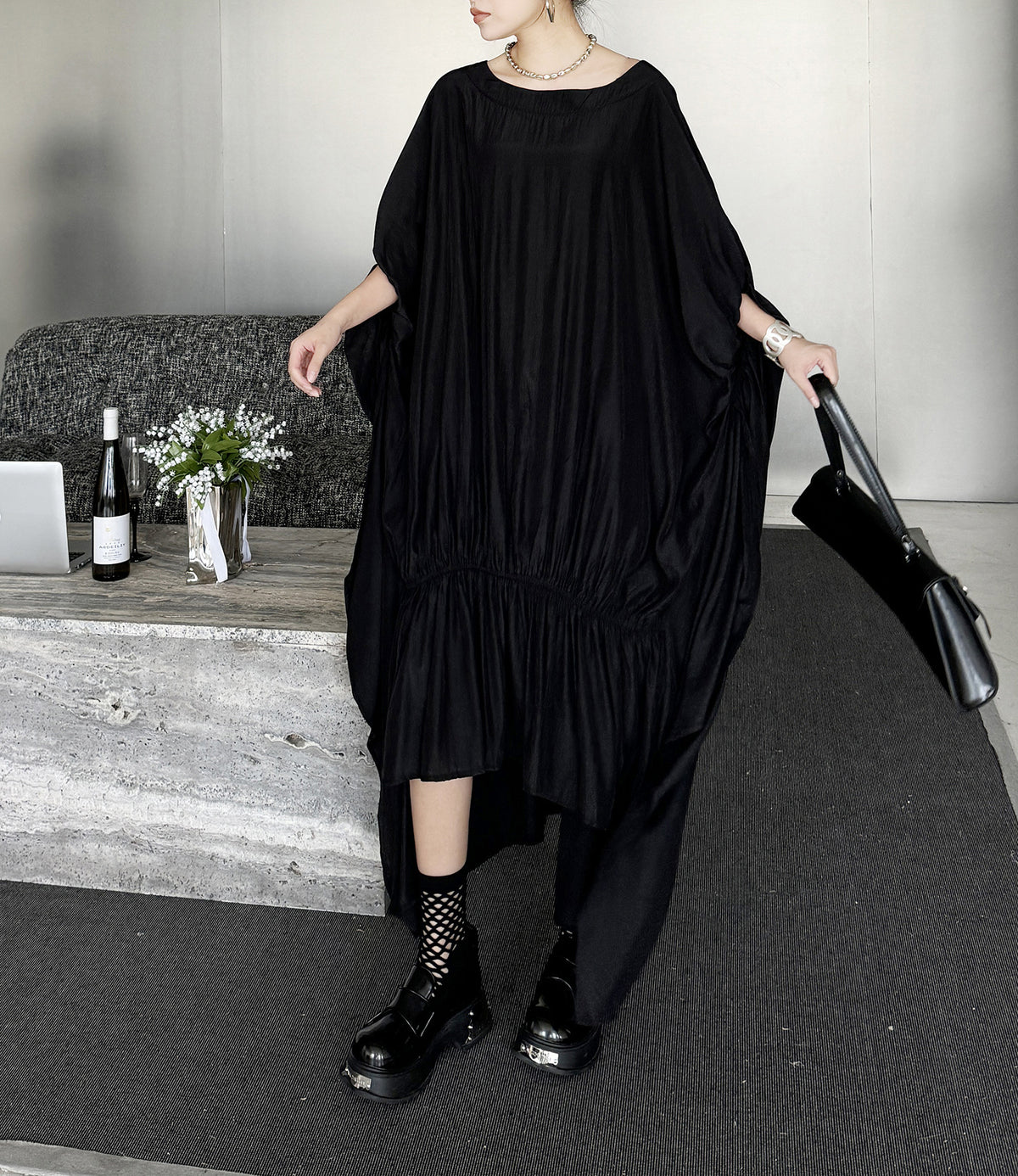 Gathered ruffle draped dress 