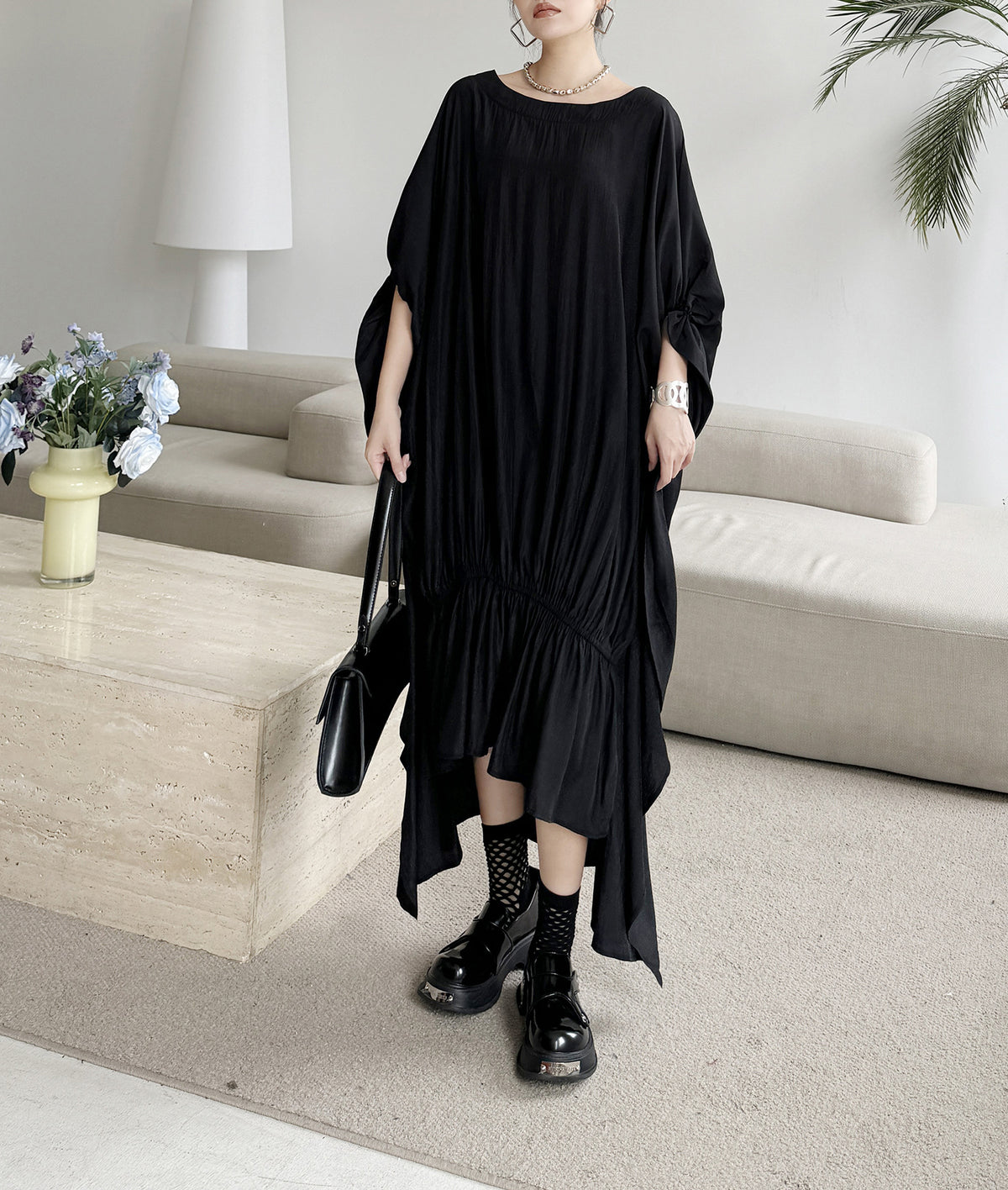 Gathered ruffle draped dress 