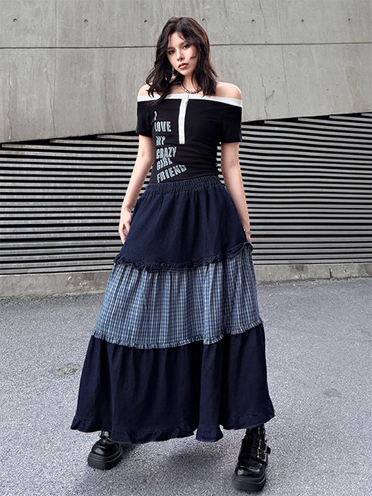 チェックレイヤーフリルロングスカート