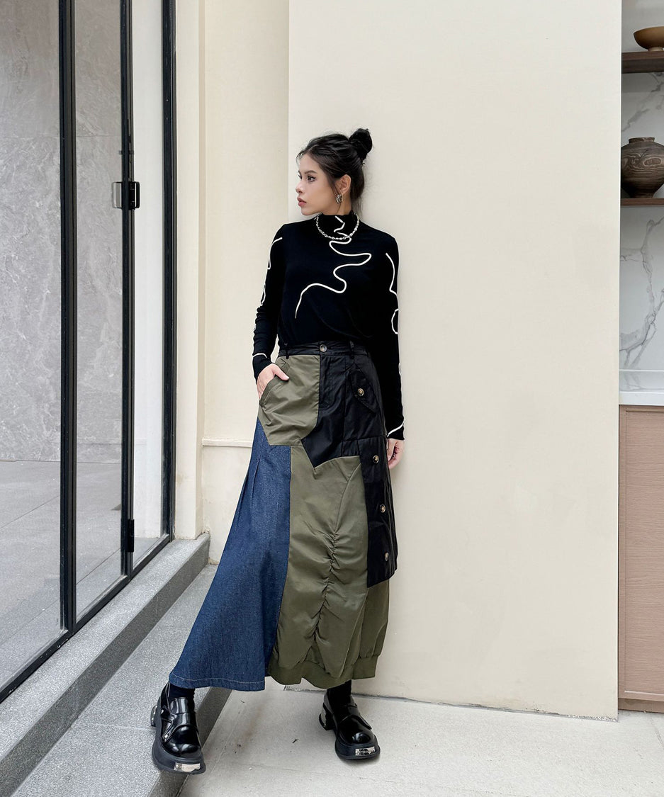 Contrast Denim High-Waist Skirt