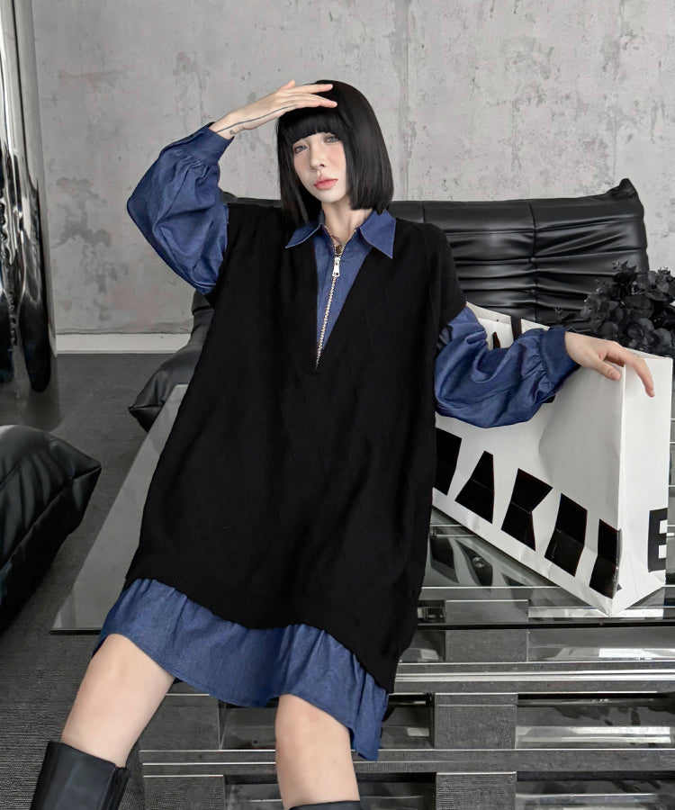 Denim knit layered dress