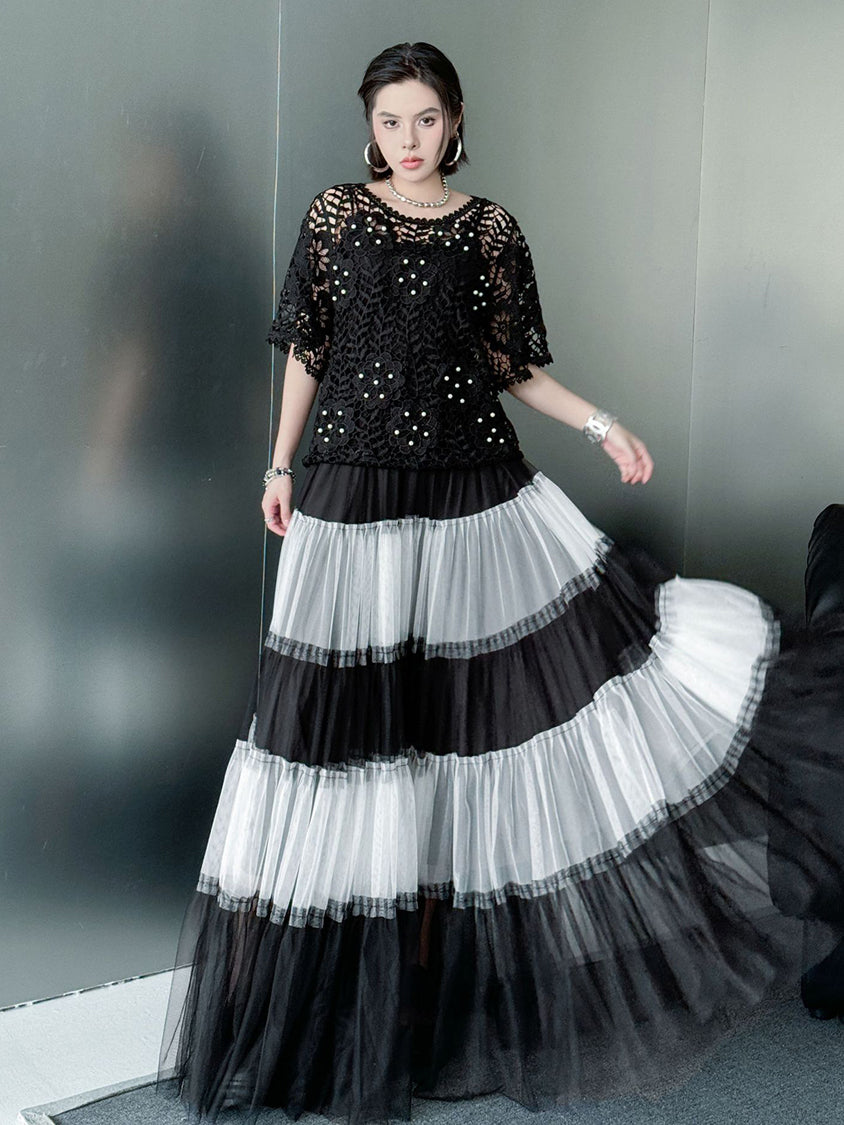 Contrast mesh tiered skirt