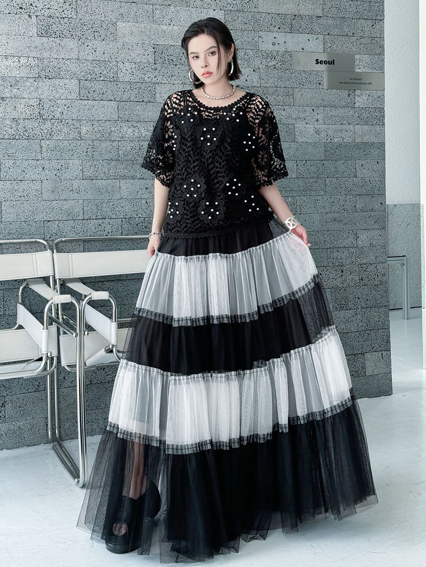 Contrast mesh tiered skirt