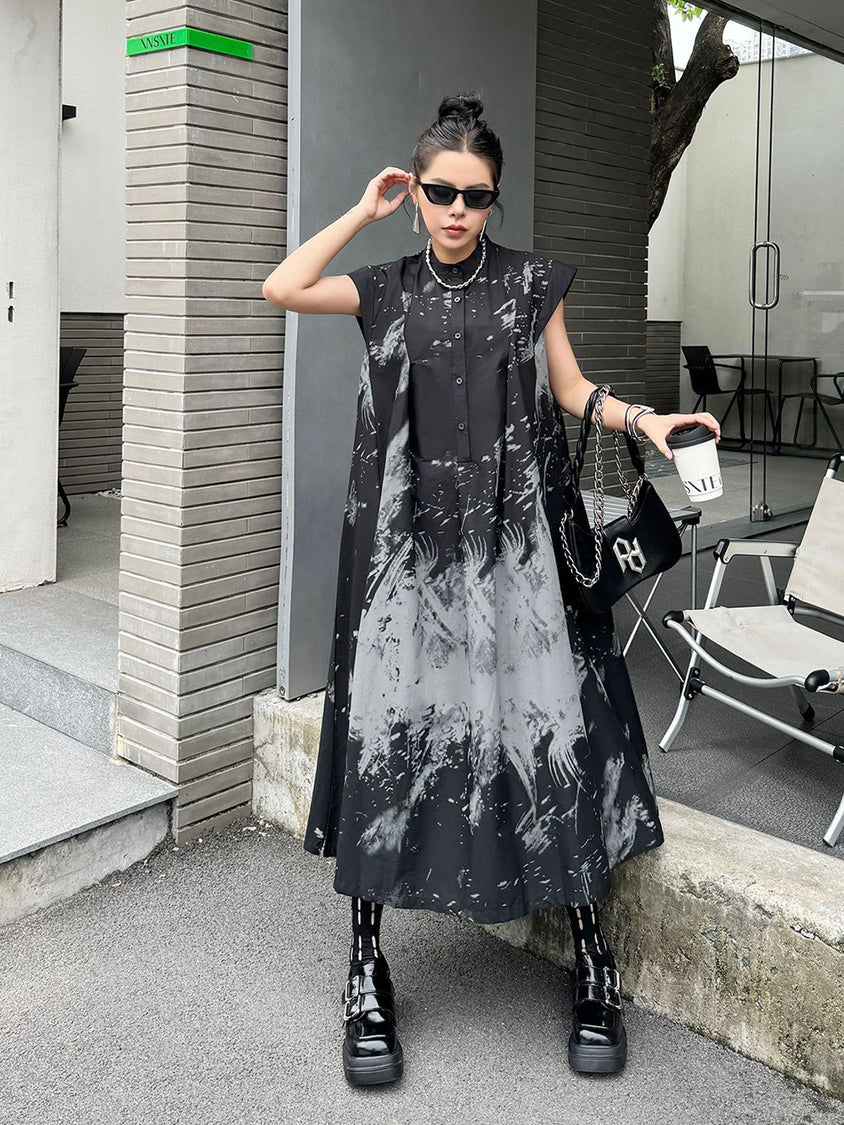 French Sleeve Print Flared Dress