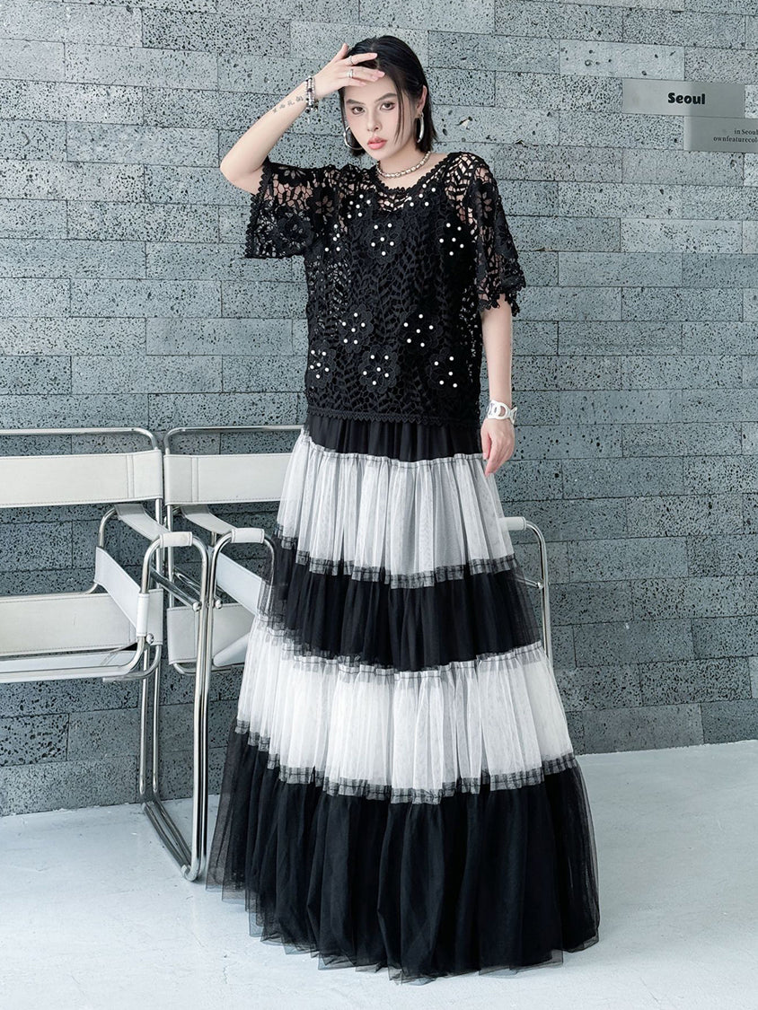Contrast mesh tiered skirt