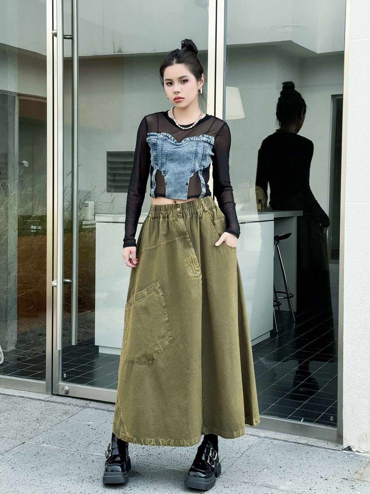 Big Pocket Denim Flare Skirt