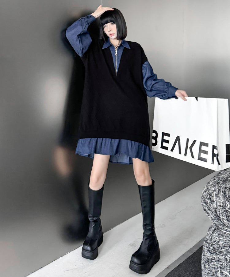 Denim knit layered dress