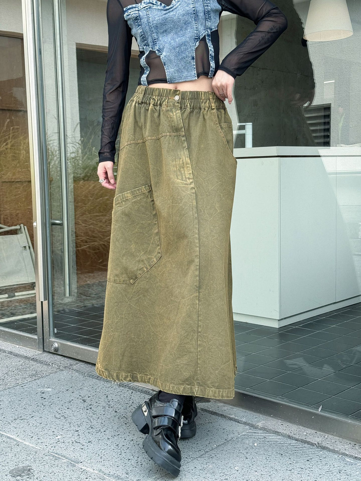 Big Pocket Denim Flare Skirt